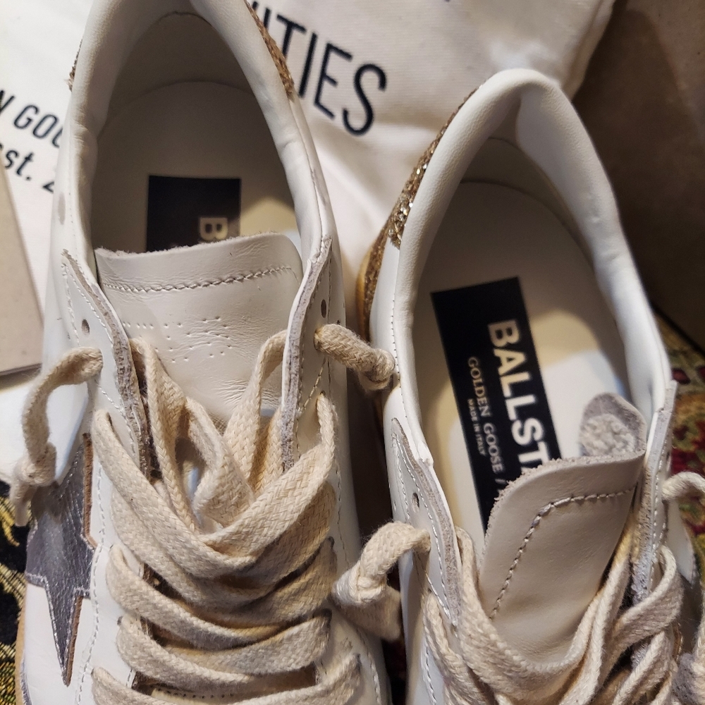 Golden Goose Ball Star White and Gold Glitter Athletic Shoes - Picture 3 of 7
